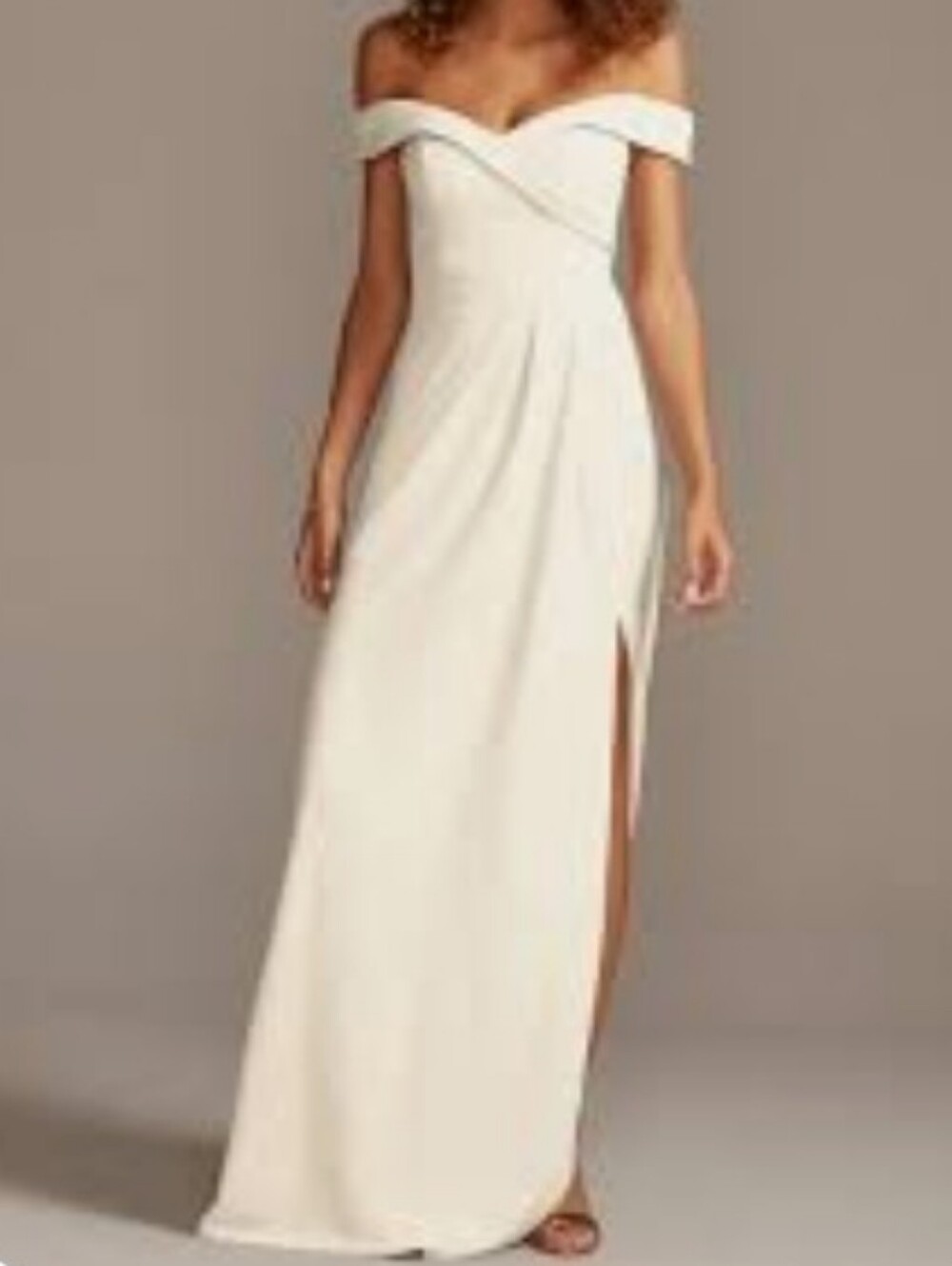 DAVID'S BRIDAL Stretch Crepe Off The Shoulders White Bridesmaid Dress Size 0